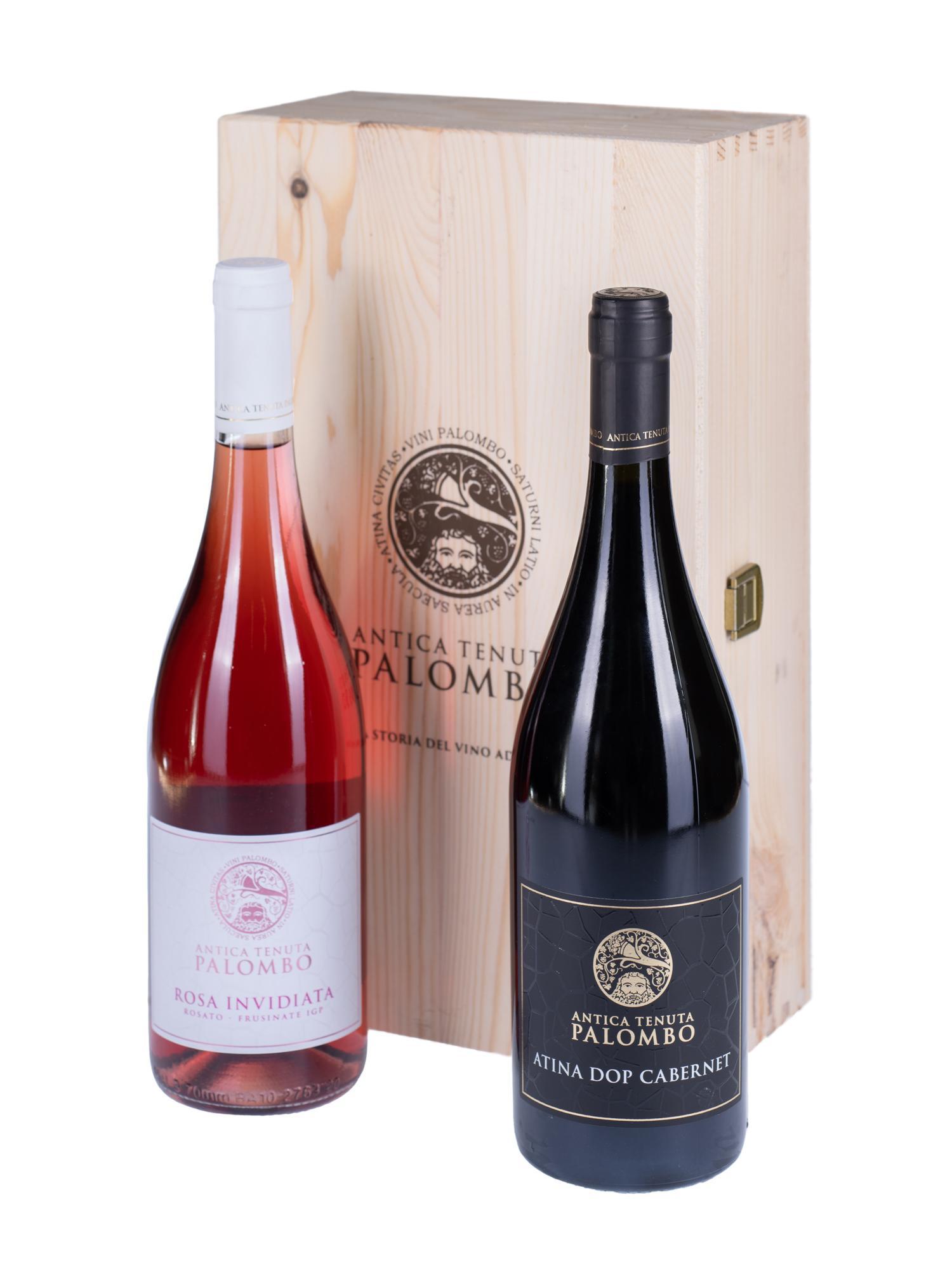 Atina DOP Cabernet e Rosato Frusinate IGP Rosa Invidiata Linea Ducale Antica Tenuta Palombo confezione legno 2 bottiglie